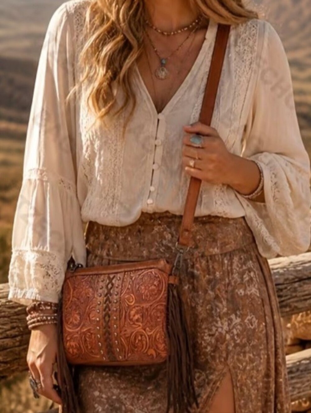 NEW! Hand-Tooled Western Crossbody Bag with Fringe - Picture 2 of 6